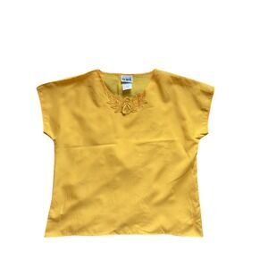 Oraré Blouse Womens M Yellow Embroidered Neck Short Sleeve Made USA Vintage
